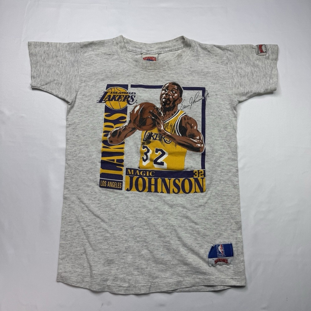 Vtg 90s Magic Johnson Lakers Nutmeg Double Sided T-Shirt M Gray NBA Los Angeles
